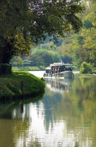 a boat traveling down a river with trees at Residence Il Mulino - 25 minutes from Venice in Mira