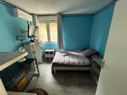 une chambre avec un lit aux murs bleus et une fenêtre dans l'établissement Vallon des auffes - proche mer, à Marseille