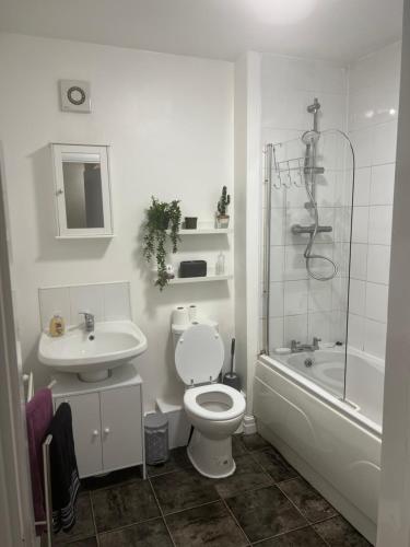 a bathroom with a toilet and a sink and a shower at Flat in Greater Manchester in Manchester