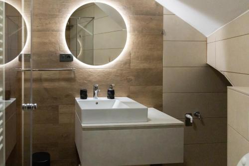 a bathroom with a sink and a mirror at PosestvoRavbar in Dutovlje
