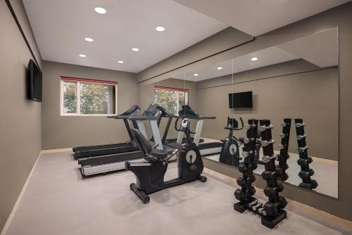 a gym with several tread machines and a mirror at Ginger Ahmedabad Vastrapur in Ahmedabad