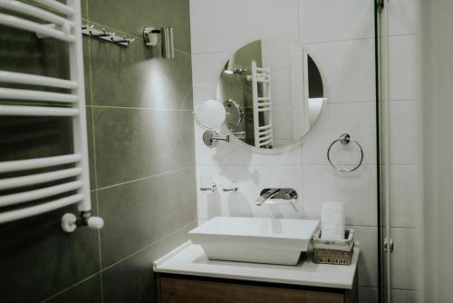 a bathroom with a sink and a mirror at Pool House in Tbilisi City