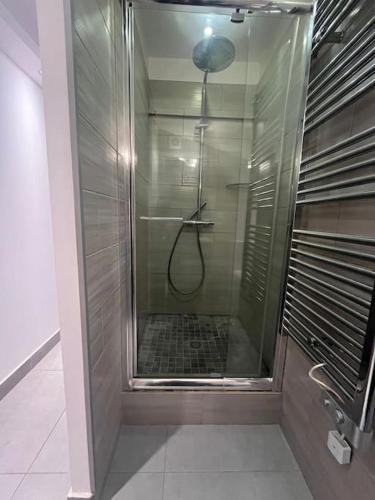 une douche avec une porte vitrée dans une salle de bain dans l'établissement Cannes, Loft 6 couchages proche centre et plages, à Cannes