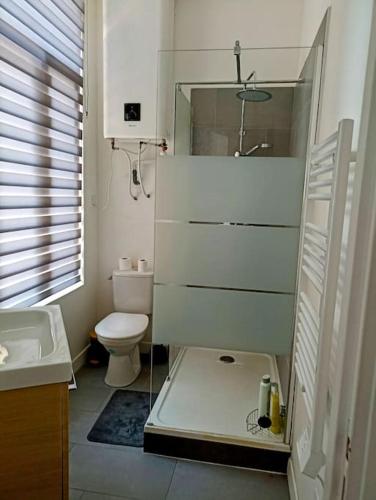 une salle de bain blanche avec un lavabo et des toilettes dans l'établissement 4pers Wifi Netflix Prox Lille-métro-tram, à Roubaix