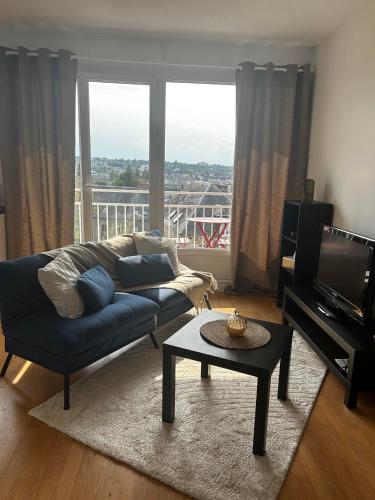 a living room with a blue couch and a television at Bellevue - 35 m2 - parking - 10 min centre-ville in Saint Lo