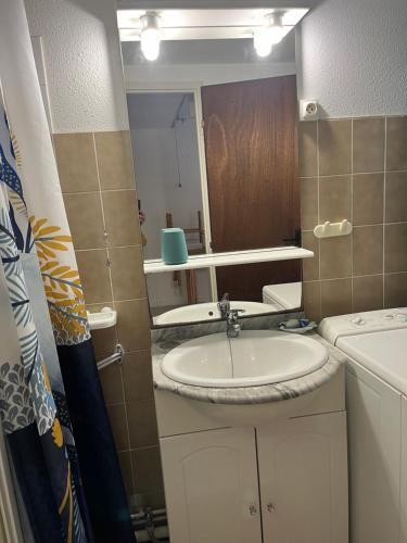 une petite salle de bain avec un lavabo et un miroir dans l'établissement Appartement vue port - Port Leucate, à Port-Leucate