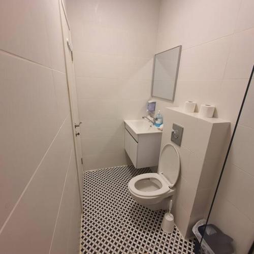a small bathroom with a toilet and a sink at Ryo 18 דירה במלון בוטיק 2 דקות מטיילת בת ים in Bat Yam