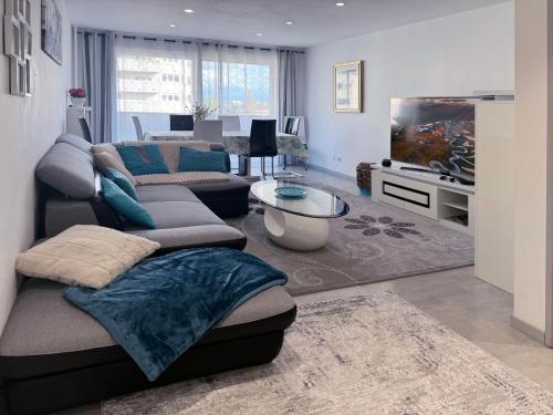 a living room with two couches and a tv at Chez Vélia Grand 4 pièces, parking privé et emplacement idéal in Strasbourg