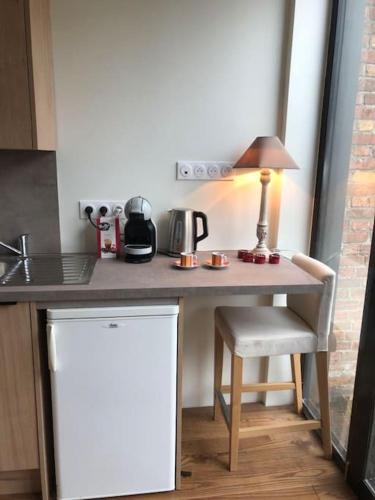 un comptoir de cuisine avec une table et une lampe. dans l'établissement Beau Studio tout neuf proche de Lille, à Houplines