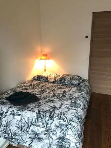 - une chambre avec un lit et une lampe dans l'établissement Beau Studio tout neuf proche de Lille, à Houplines