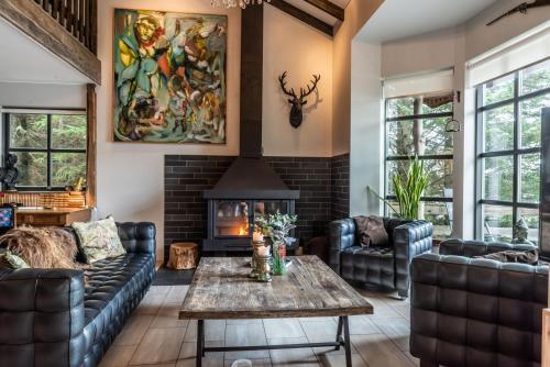 a living room with leather furniture and a fireplace at Aslundur Lakefront Villa in Vaðlækir