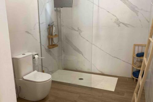 a bathroom with a toilet and a glass shower at ruzafa oceanograf science center in Valencia