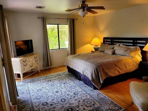 a bedroom with a bed and a television and a fan at Bikini & Martini on Palm Meadows Drive in Indio