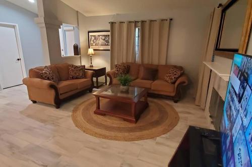 a living room with two couches and a tv at Bikini & Martini on Palm Meadows Drive in Indio