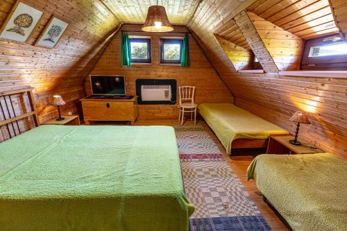 Cette chambre dispose de 2 lits et d'une télévision dans une cabine. dans l'établissement Drevenica Goralský Dvor, à Ždiar