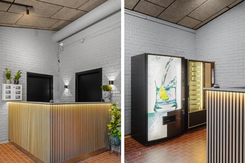 two photos of a lobby with a door at Kallhällsbaden Strandhotell in Stockholm