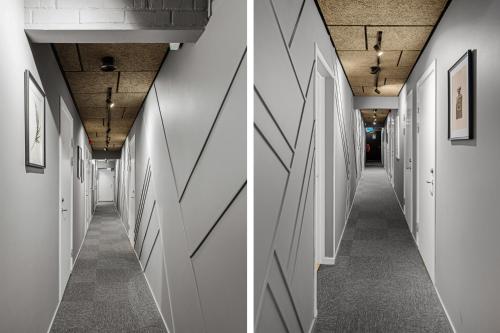 two images of a hallway with white walls at Kallhällsbaden Strandhotell in Stockholm