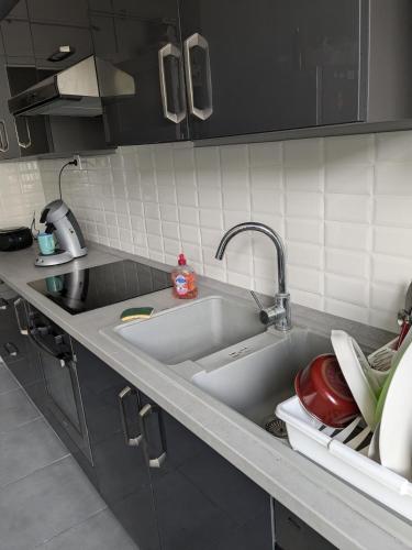 un comptoir de cuisine avec un évier et un évier dans l'établissement Chambre double confortable, au calme et proche du centre-ville de Lyon, à Lyon