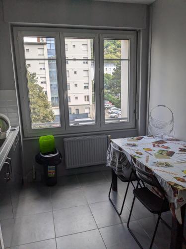une salle à manger avec une table et deux fenêtres dans l'établissement Chambre double confortable, au calme et proche du centre-ville de Lyon, à Lyon
