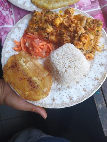 a person holding a plate of food with rice and meat at HOSPEDAJE DOÑA NEL in El Valle