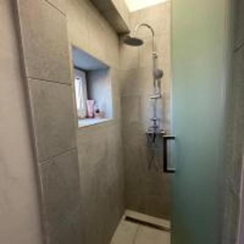 a bathroom with a shower with a glass door at MINATO Apartments Ostrava center in Ostrava