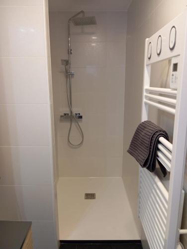 La salle de bains blanche est pourvue d'une douche à l'italienne. dans l'établissement Loft pays basque, à Anglet