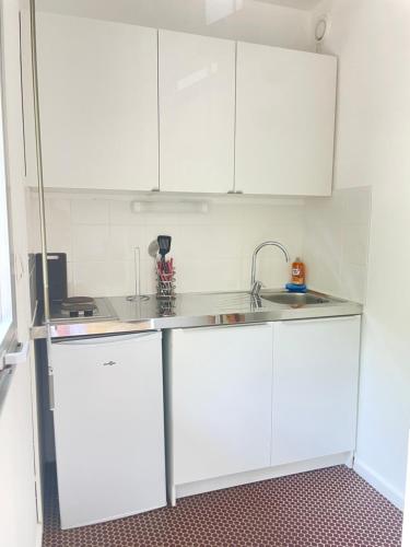 une cuisine avec des armoires blanches et un évier dans l'établissement Charmant Studio Tete dor lyon, à Lyon
