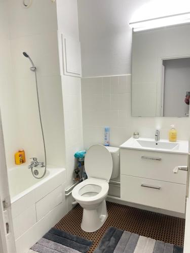 une salle de bain blanche avec des toilettes et un lavabo dans l'établissement Charmant Studio Tete dor lyon, à Lyon