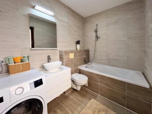a bathroom with a toilet sink and a washing machine at Casa dulce casa in Dumbrăviţa