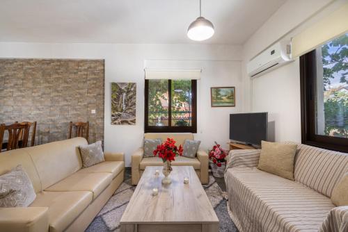 a living room with couches and a table and a tv at JP Pool House in Trimiklini