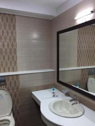 a bathroom with a sink and a mirror and a toilet at Luxurious 2 bedroom apartment in Thiruvalla town in Thiruvalla