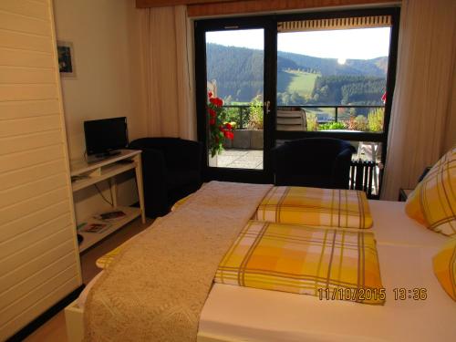 Un dormitorio con una cama y una ventana con vistas. en Pension Altenbeck & Ferienwohnung, en Winterberg