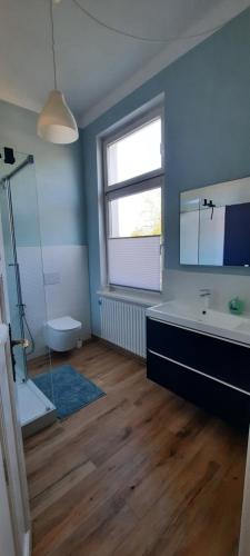 ein Badezimmer mit Dusche, Badewanne und Waschbecken in der Unterkunft Villa Romantica Lenzen in Körbitz