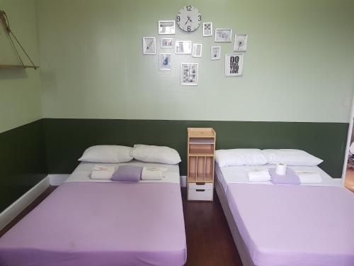 two beds in a room with a green wall at Old Orangewood Bed & Breakfast in Baguio
