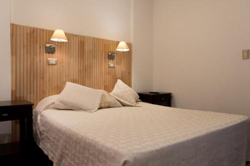 a bedroom with a bed with two pillows on it at Hotel Residencial España in Salta
