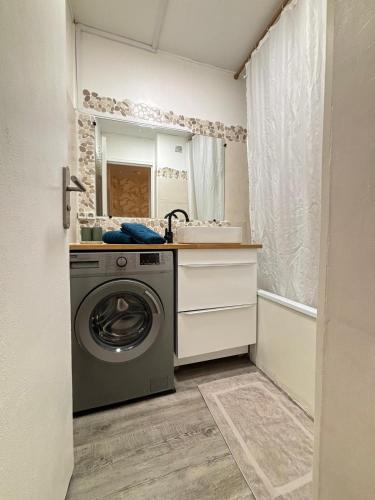 une buanderie avec un lave-linge. dans l'établissement Superbe appartement proche Disneyland & Paris, à Noisy-le-Grand