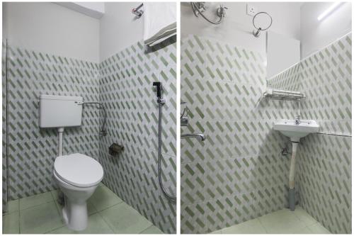two pictures of a bathroom with a toilet and a sink at Hotel O Pillars House in Shillong