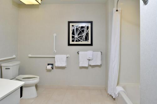 a bathroom with a white toilet and a shower at Courtyard by Marriott Wilmington Downtown/Historic District in Wilmington