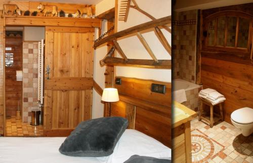 two pictures of a bedroom with a bed and a bathroom at Hôtel Restaurant de la Chaussée in Briançon