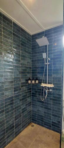 a bathroom with a shower with blue tiled walls at Villa Francine El Nido in El Nido