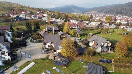 an aerial view of a residential neighborhood with houses at Pension La Roata in Gura Humorului