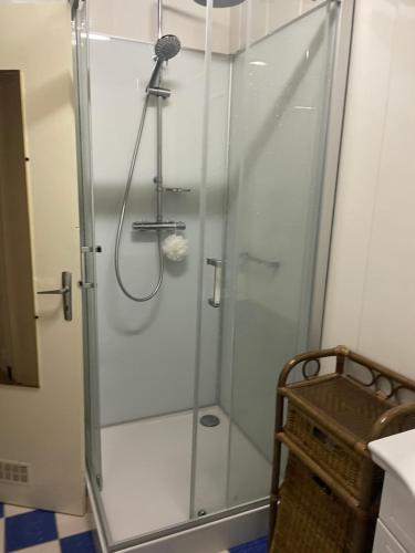 une douche avec une porte vitrée dans une salle de bain dans l'établissement Maison familiale à Picherande, à Picherande