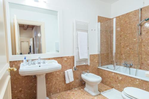 威尼斯的住宿－基德卡莫里諾斯塔克公寓，一间带水槽、卫生间和淋浴的浴室