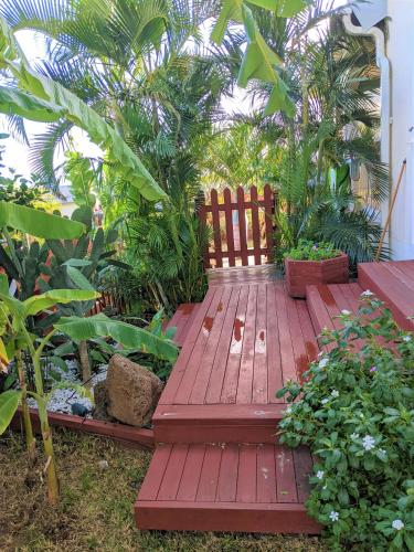 a wooden walkway in a garden with plants at LES BANANIERS du LAGON in Saint-Leu
