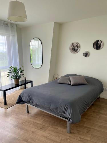 a bedroom with a bed and a table and a mirror at Emma studio in Rosières-près-Troyes