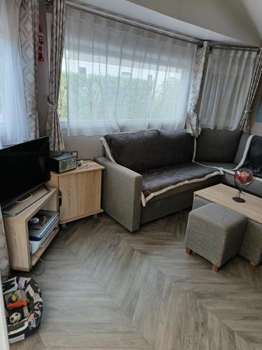 un salon avec un canapé et une télévision dans l'établissement Le petit paradis, à Fréjus