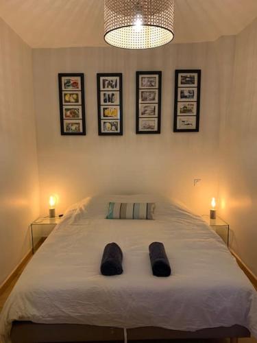 - une chambre dotée d'un grand lit blanc avec des photos sur le mur dans l'établissement Superbe appartement au cœur de la vielle ville, à Annecy