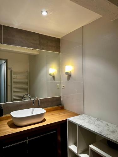 une salle de bain avec un lavabo blanc et un miroir dans l'établissement Les Jardins d'Ilona - Les Oliviers - Ecocon, à Arques