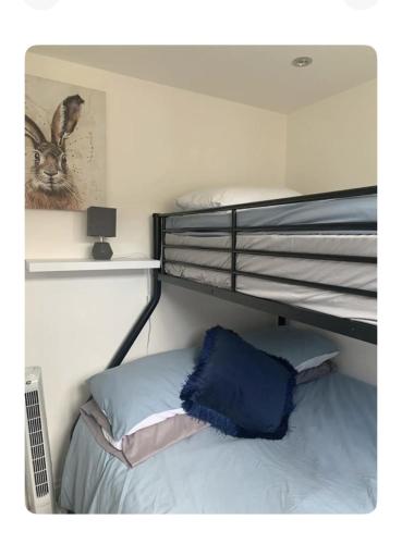 a bedroom with two bunk beds with a blue pillow at 2 Bed Chalet Sleeps 6 - Pets Near Beach Parking in Mablethorpe