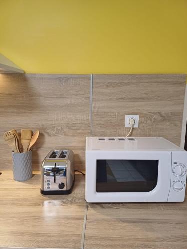 un four micro-ondes et un grille-pain assis sur un comptoir dans l'établissement T2 le paradis, 2 pers, 2 lits, wifi, rdc, à Agen